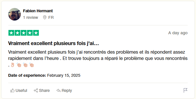Avis client 5 étoiles de Fabien Hermant sur Trustpilot concernant Iron TV Pro